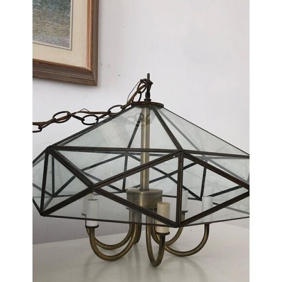 Vintage Mid Century Brass Octagon Diamond Hanging Glass Light Fixture Pendant - Picture 7 of 15